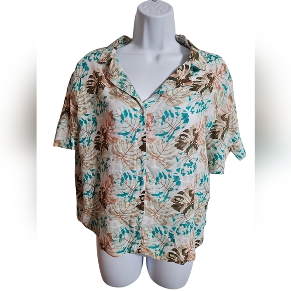 Anthropologie Jane + Delancey Size Large Blue Green Floral Button Up SS Blouse - Picture 2 of 7